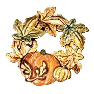 Vintage KC Green Orange Harvest Pumpkin Maple Leaves Enamel Wreath 2"